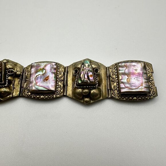 Vintage stamped Alpaca Mexico abalone shell bracelet!! - Picture 2 of 16